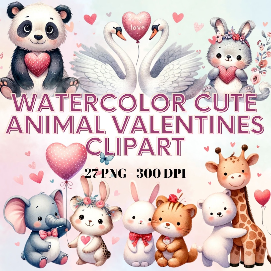 Whimsical Valentine's Day Animal Clipart Bundle - 27 PNG Watercolor ...