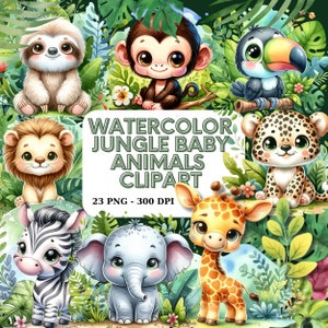 Entzückende Aquarell Dschungeltiere für Baby Kinderzimmer Dekor, niedlichen Safari Clipart Set, perfekt für Baby Shower Einladungen