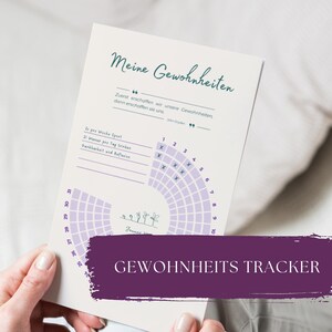 Könnte beinhalten: Ein druckbarer Gewohnheitstracker mit einem lila-weißen Farbschema. Der Tracker hat einen Bereich zum Auflisten von Gewohnheiten und ein kalenderartiges Raster zur Verfolgung des Fortschritts. Der Text auf dem Tracker lautet "Meine Gewohnheiten" und "GEWOHNHEITS TRACKER".