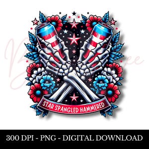 May include: A pair of skeletal hands holding two red, white and blue cans crossed over each other. The hands are surrounded by red, white and blue flowers and stars. The text "Star Spangled Hammered" is written on a banner below the hands.