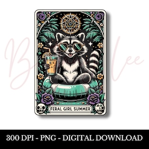 Wildes Mädchen Sommer PNG, Tarotkarten Sublimationsdesign, Erwachsenen Humor, Waschbären, Clip Art, lustig Spruch T-Shirt Becher PNG Datei, digitaler Download