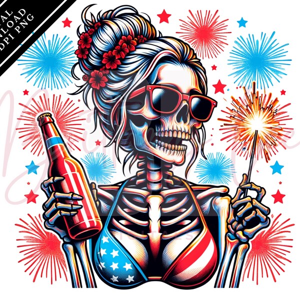 4th of July PNG, Woman Skeleton, Fireworks, Beer, Patriotic, Sublimation Design, Independence Day, T-Shirt & Mug PNG File, Digital Download