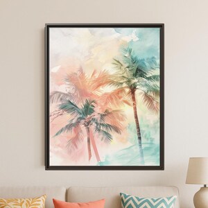 Palm Glow Canvas Wall Art, Eco Friendly Watercolor Palm Tree Print for Coastal Bedroom or Beach House, Tropical Sunset Decor, Framed