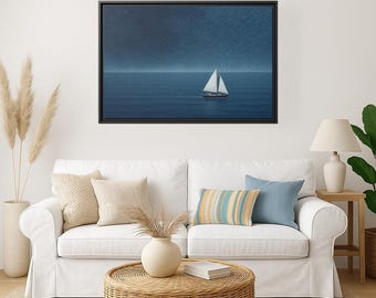 Arte minimalista em tela de veleiro: decoração de casa de praia costeira, emoldurada