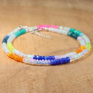 Ethiopian Opal Beaded Necklace: 925 Sterling Silver, Multi Fire Gemstone