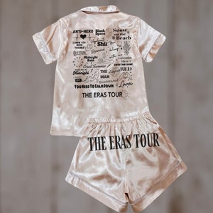 Eras Tour Pjs, Silk Pjs, Pajamas, Swiftie pajamas, Cardigan, Folklore, fanmade, eras tour, Swiftie Pajama set, Swiftie party, Swift birthday image 1