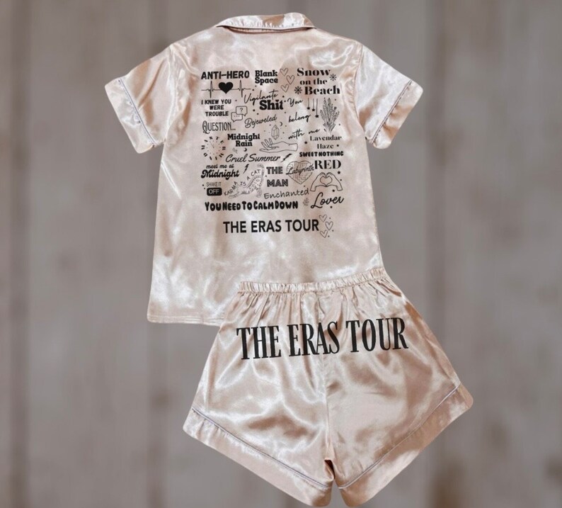 Eras Tour Pjs, Silk Pjs, Pajamas, Swiftie pajamas, Cardigan, Folklore, fanmade, eras tour, Swiftie Pajama set, Swiftie party, Swift birthday image 1