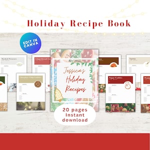 Editable Holiday Recipe Book Template | Canva Customizable | Digital & Printable PDF | 20 Unique Pages
