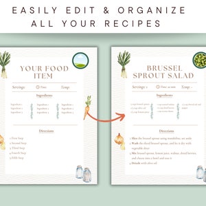 May include: A printable recipe template with a watercolor illustration of a green vegetable. The template is titled "Brussel Sprout Salad" and includes sections for servings, time, temperature, ingredients, and directions.