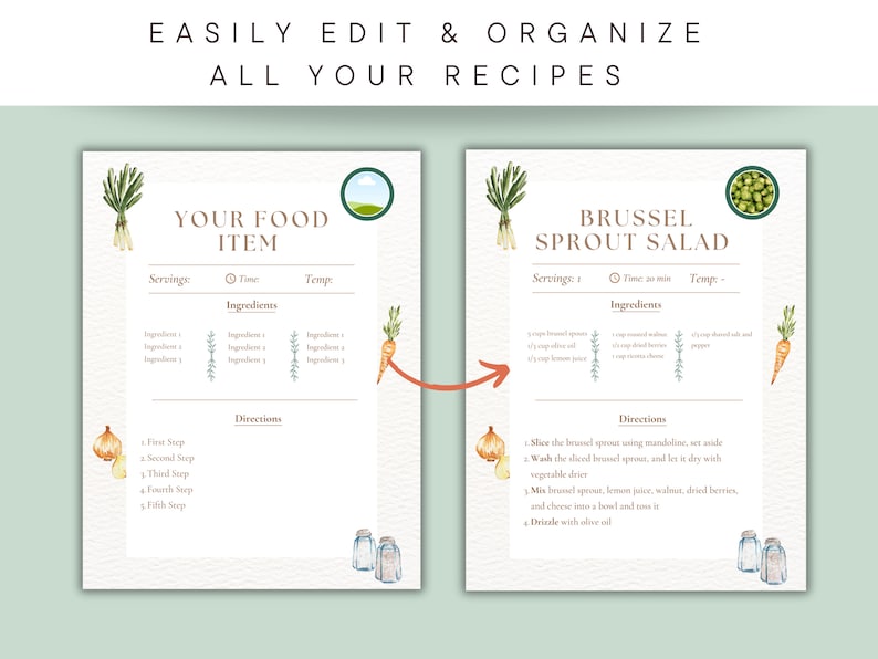 May include: A printable recipe template with a watercolor illustration of a green vegetable. The template is titled "Brussel Sprout Salad" and includes sections for servings, time, temperature, ingredients, and directions.