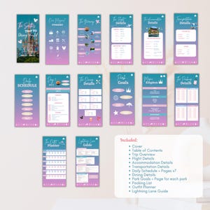 May include: A collection of printable Disney World itinerary templates in shades of blue, purple, and pink. The templates include sections for daily schedules, dining details, park goals, and packing lists. The text includes "Trip to Disney World" and "Our Magical Itinerary".