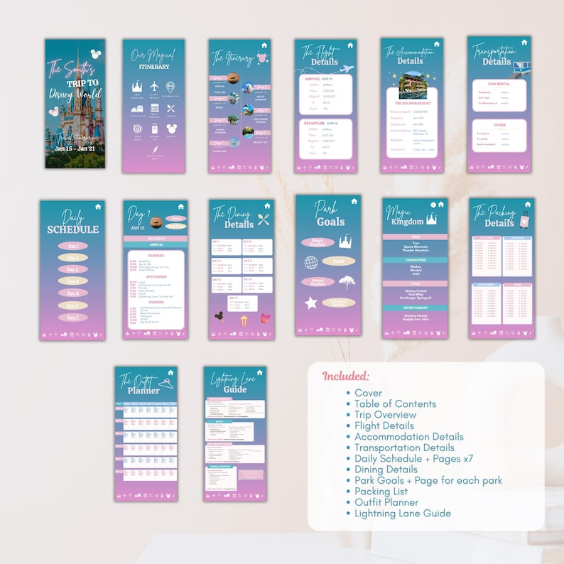 May include: A collection of printable Disney World itinerary templates in shades of blue, purple, and pink. The templates include sections for daily schedules, dining details, park goals, and packing lists. The text includes "Trip to Disney World" and "Our Magical Itinerary".