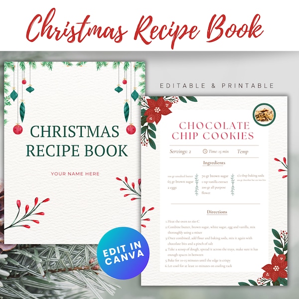 Christmas Recipe Book Template with Cover Editable In Canva | Digital Download | Customizable Recipe Book Pages | Editable Christmas Recipes