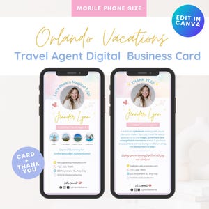 Plantilla de tarjeta de presentación digital y tarjeta de agradecimiento para agente de viajes de Orlando para Canva / Tarjeta de presentación para agente de viajes de Disney con formato móvil y texto