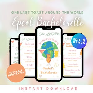 May include: A digital invitation design for a bachelorette party. The design features smartphones displaying event details, including the text "One Last Toast Around the World" and "Epcot Bachelorette." The invitation includes the text "Textable Invitation" and "Instant Download."