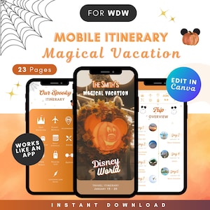 May include: A mobile itinerary template for a magical Disney World vacation, featuring a Halloween theme. The design includes a pumpkin Mickey Mouse, a spider web, and the text "Magical Vacation". The template is editable in Canva.