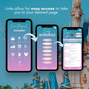 May include: Three smartphones displaying a travel itinerary app. The first phone shows "Our Magical Itinerary" with icons. The second phone displays a daily schedule. The third phone shows a detailed day 5 schedule with times and activities.