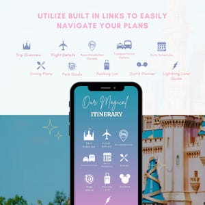 May include: A smartphone screen displays "Our Magical Itinerary" with icons for trip planning: overview, flight details, accommodation, transportation, daily schedules, dining, park goals, packing list, outfit planner, and lightning lane guide. The background features a castle.