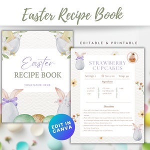 Könnte beinhalten: Ein Aquarell-Oster-Rezeptbuch mit Hasen- und Eier-Motiv. Auf dem Cover steht "Easter Recipe Book" mit Platz für einen Namen. Die offene Seite zeigt ein Rezept für Erdbeer-Cupcakes.