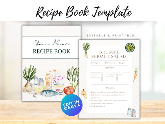 Recipe Templates Canva | Printable Recipe Book with Cover | Cookbook Template | Editable and Personalized Cookbook | Recipe Book Template