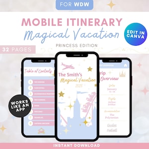 Magical Vacation WDW Travel Itinerary Template Princess Theme | Mobile Digital Itinerary | Edit in Canva | WDW Vacation Planner Textable