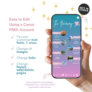 May include: A smartphone displaying a travel itinerary with a gradient background. The screen shows a schedule with dates and locations like Magic Kingdom and Hollywood Studios. Text on the screen reads "The Itinerary". The image also includes text about editing options.