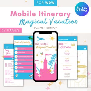 Magical Vacation WDW Travel Itinerary Template Summer Theme | Mobile Digital Itinerary | Edit in Canva | WDW Vacation Planner Textable