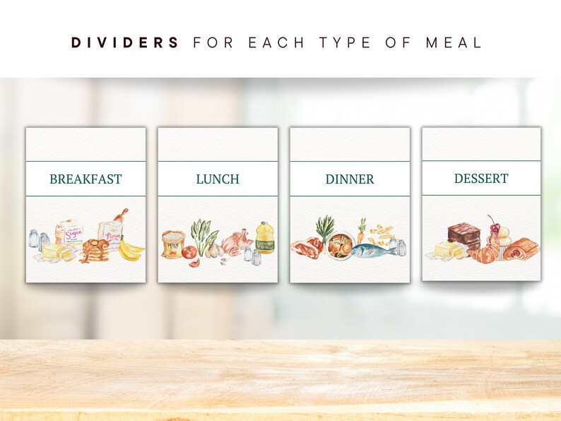 May include: Four watercolor illustrations of food representing different meal types: breakfast, lunch, dinner, and dessert. Each illustration includes a variety of food items, such as pancakes, bananas, and eggs for breakfast; vegetables, chicken, and rice for lunch; fish, meat, and pasta for dinner; and cake, cookies, and fruit for dessert.
