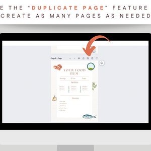 May include: A computer screen displaying a web page with the text "YOUR FOOD ITEM" and a button that says "Duplicate Page". The page is a template for creating a food recipe or menu.