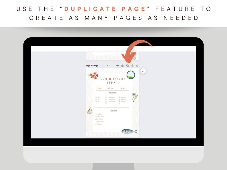 May include: A computer screen displaying a web page with the text "YOUR FOOD ITEM" and a button that says "Duplicate Page". The page is a template for creating a food recipe or menu.