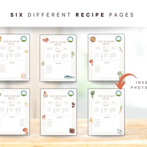 May include: Six printable recipe cards with watercolor illustrations of food and greenery. Each card has a space for a photo, title, ingredients, servings, prep time, cook time, and directions.
