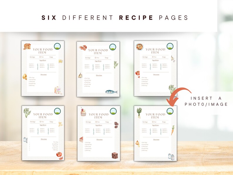 May include: Six printable recipe cards with watercolor illustrations of food and greenery. Each card has a space for a photo, title, ingredients, servings, prep time, cook time, and directions.