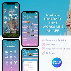May include: Digital Disney World itinerary displayed on four smartphones. The itinerary includes the text "The Smith's Trip to Disney World" and "Our Magical Itinerary". The itinerary is completely editable, exports as a PDF, and is made for mobile phones.