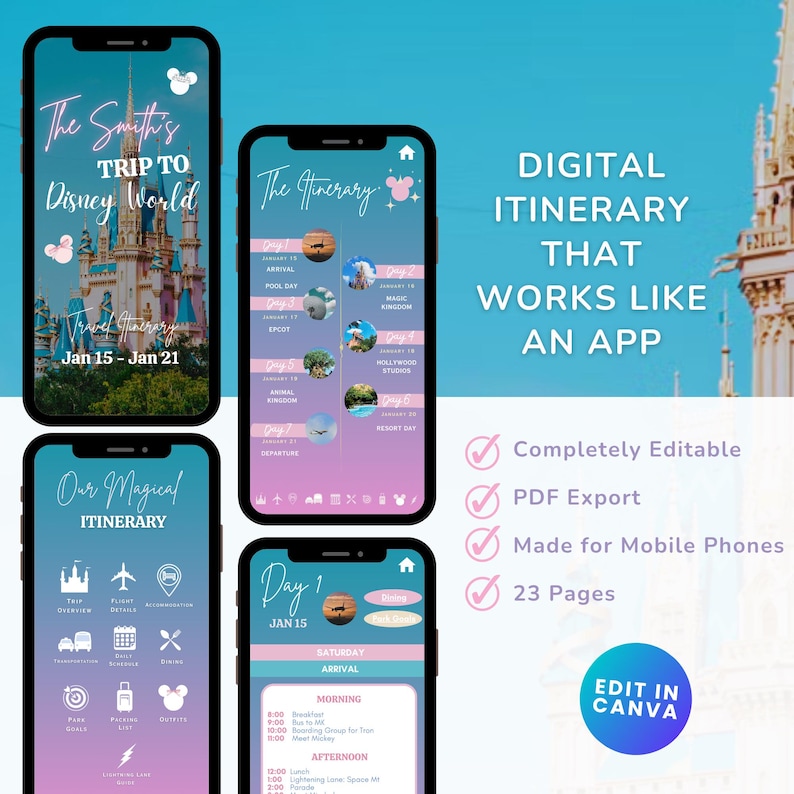 May include: Digital Disney World itinerary displayed on four smartphones. The itinerary includes the text "The Smith's Trip to Disney World" and "Our Magical Itinerary". The itinerary is completely editable, exports as a PDF, and is made for mobile phones.