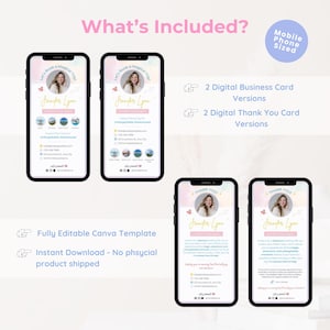 Puede incluir: Dos tarjetas de visita digitales y dos tarjetas de agradecimiento digitales con un fondo de acuarela rosa y azul. Las tarjetas presentan una foto de una mujer y el texto "Let's Book a Magical Trip" y "Jennifer Lyon". Las tarjetas est&aacute;n dise&ntilde;adas para tel&eacute;fonos m&oacute;viles.