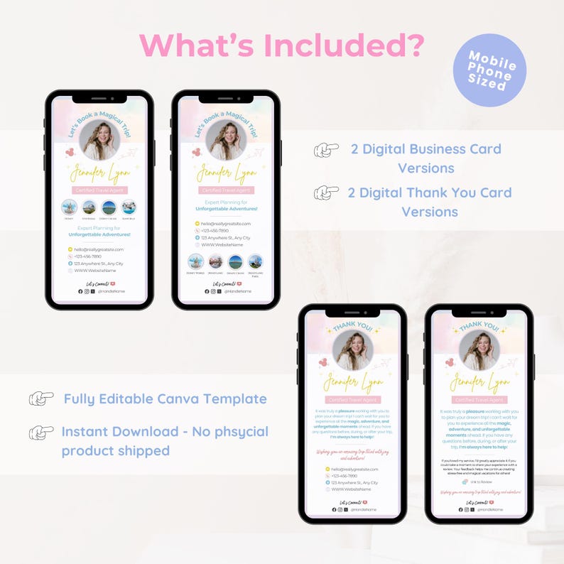 Puede incluir: Dos tarjetas de visita digitales y dos tarjetas de agradecimiento digitales con un fondo de acuarela rosa y azul. Las tarjetas presentan una foto de una mujer y el texto "Let's Book a Magical Trip" y "Jennifer Lyon". Las tarjetas est&aacute;n dise&ntilde;adas para tel&eacute;fonos m&oacute;viles.