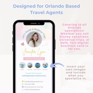 Puede incluir: Una tarjeta de presentaci&oacute;n digital para un agente de viajes con sede en Orlando. La tarjeta presenta un fondo rosa y azul con una foto del agente, Jennifer Lynn, y el texto "Let's Book a Magical Trip!" La tarjeta tambi&eacute;n incluye logotipos de Disney, Universal, Disney Cruise y SeaWorld, as&iacute; como informaci&oacute;n de contacto.