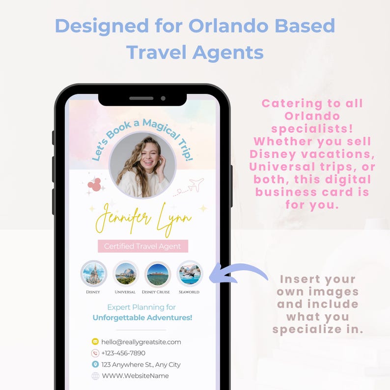 Puede incluir: Una tarjeta de presentaci&oacute;n digital para un agente de viajes con sede en Orlando. La tarjeta presenta un fondo rosa y azul con una foto del agente, Jennifer Lynn, y el texto "Let's Book a Magical Trip!" La tarjeta tambi&eacute;n incluye logotipos de Disney, Universal, Disney Cruise y SeaWorld, as&iacute; como informaci&oacute;n de contacto.