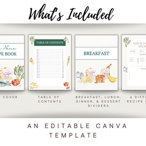 May include: A Canva template for a recipe book with a watercolor illustration of food on the cover. The template includes a table of contents, breakfast, lunch, dinner, and dessert dividers, and six different recipe pages.