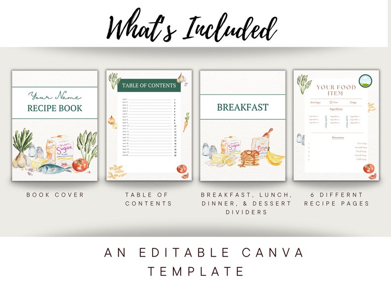 May include: A Canva template for a recipe book with a watercolor illustration of food on the cover. The template includes a table of contents, breakfast, lunch, dinner, and dessert dividers, and six different recipe pages.