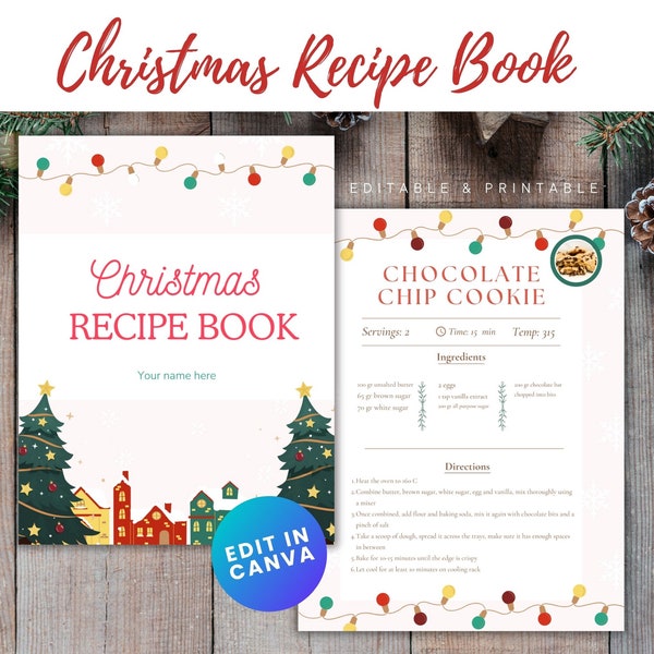 Christmas Recipe Book Template with Cover Editable In Canva | Digital Download | Customizable Recipe Book Pages | Editable Christmas Recipes