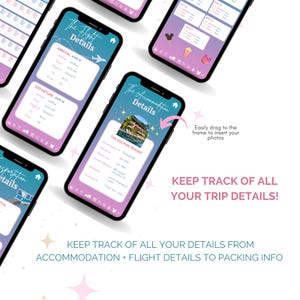 May include: Several smartphones displaying travel details, including flight and accommodation information. The screens feature a teal and pink color scheme with the text "The Flight Details" and "The Accommodation Details". The image also includes the text "KEEP TRACK OF ALL YOUR TRIP DETAILS!"