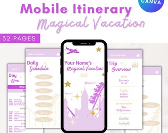 以下が含まれることがあります： 紫と白のデザインのモバイル旅程テンプレート。携帯電話には「Magical Vacation」と「2025」の文字が入った休暇スケジュールが表示されます。画像には「32ページ」と「Edit in Canva」の文字も含まれています。