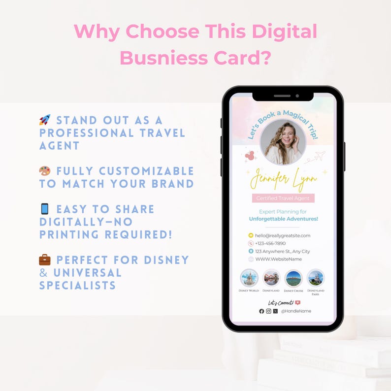 Puede incluir: Una plantilla de tarjeta de visita digital rosa y azul para un agente de viajes. La tarjeta presenta un cohete de dibujos animados, una maleta y un tel&eacute;fono inteligente. El texto en la tarjeta dice "Destaca como un agente de viajes profesional", "Totalmente personalizable para que coincida con tu marca", "F&aacute;cil de compartir digitalmente: &iexcl;no se necesita impresi&oacute;n!" y "Perfecto para especialistas de Disney y Universal".