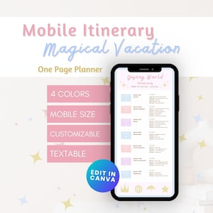 Magical Vacation WDW Travel Itinerary Template | WDW One Page Itinerary | Digital Itinerary| Editable in Canva | WDW Vacation Planner