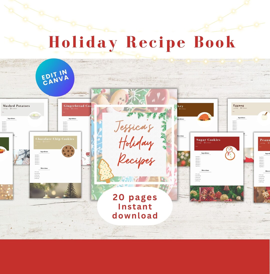 Editable Holiday Recipe Book Template Canva Customizable Digital