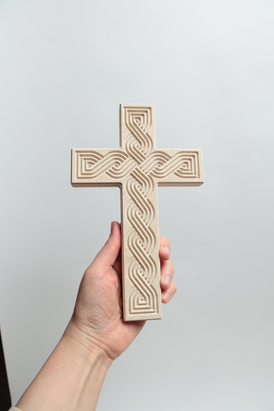 Hand-Carved Limestone Cross: Croatian Interlace Design