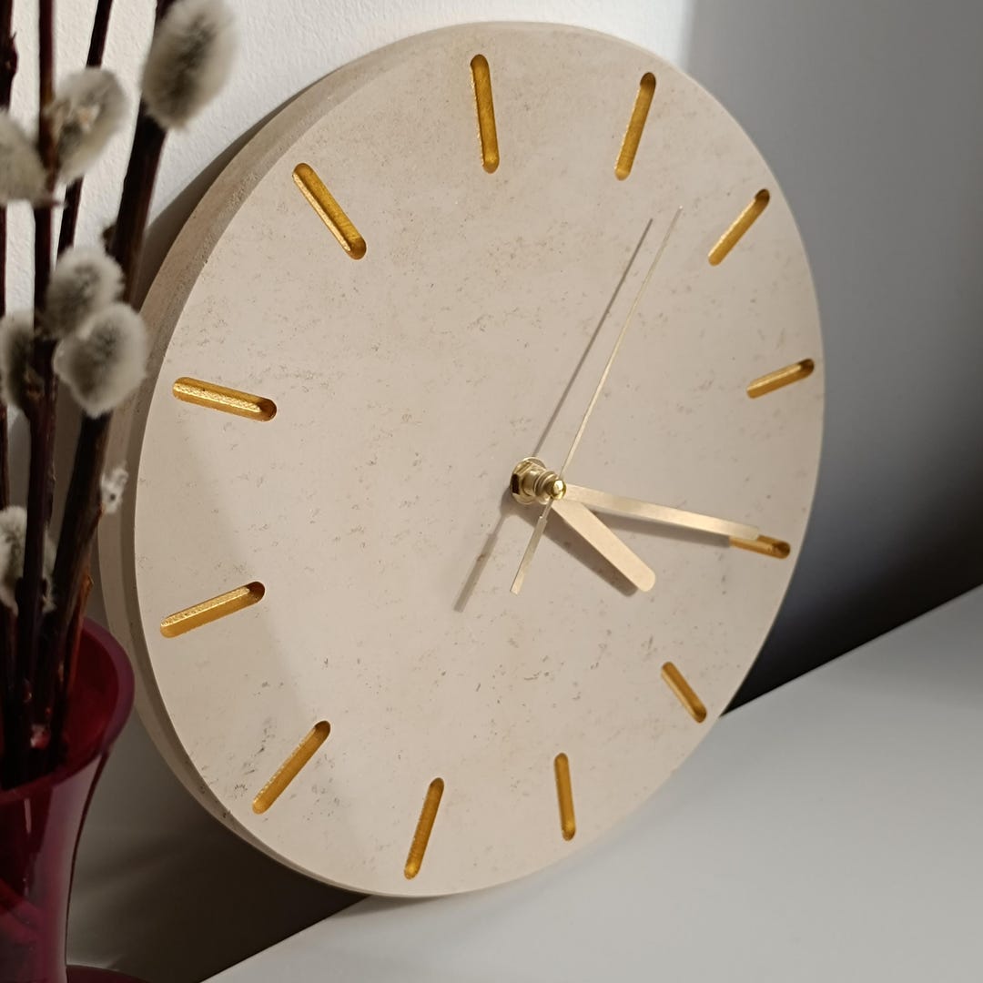 Handmade Limestone Wall Clock: Silent Minimalist Design With Gold ...