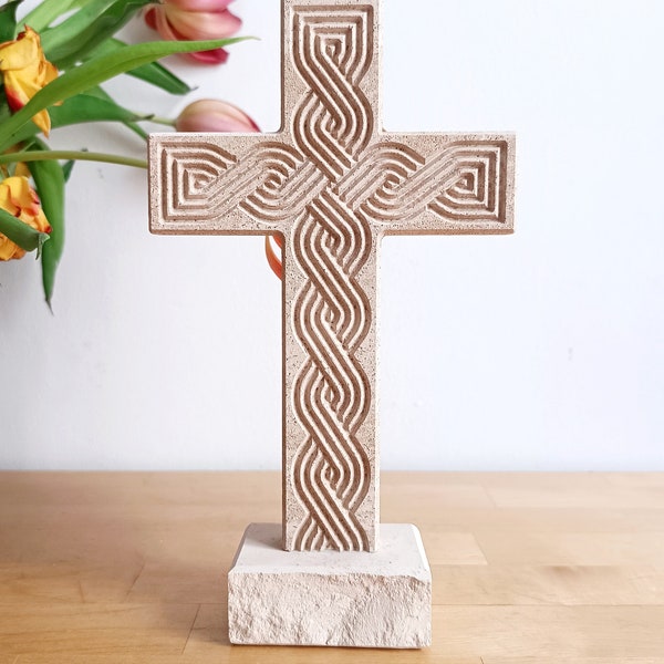 Interlace Stone Cross Art - Unique Catholic Gift, Religious Table Decor