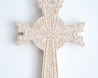 Wandkreuz mit orthodoxem Geflecht – aus Kalkstein, religiöses Geschenk, Wandkunst